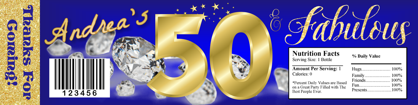 Party Favors Blue & Gold Glitter Fabulous & (50) Fifty Fiftieth Birthday Diamonds  Water Bottle Labels Wrappers Supplies Personalized