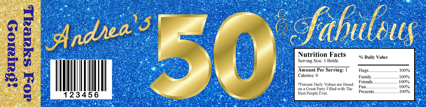 Party Favors Blue & Gold Glitter Fabulous & (50) Fifty Fiftieth Birthday  Water Bottle Labels Wrappers Supplies Personalized