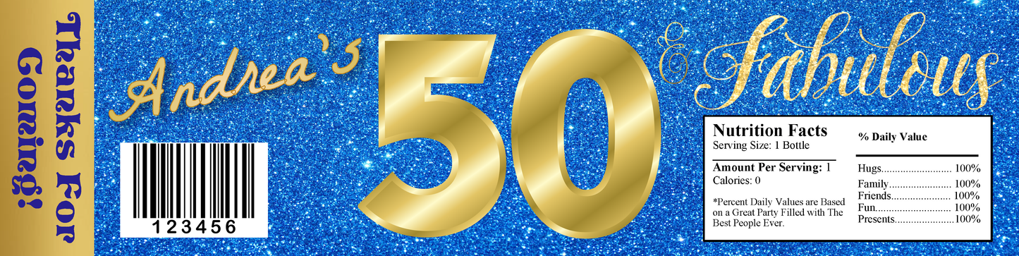 Party Favors Blue & Gold Glitter Fabulous & (50) Fifty Fiftieth Birthday  Water Bottle Labels Wrappers Supplies Personalized