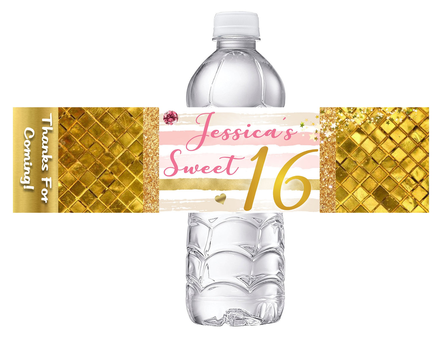 Gold and Pink Sweet 16 Sixteen Birthday Party Favors Water Bottle Labels Ideas Supplies Decor