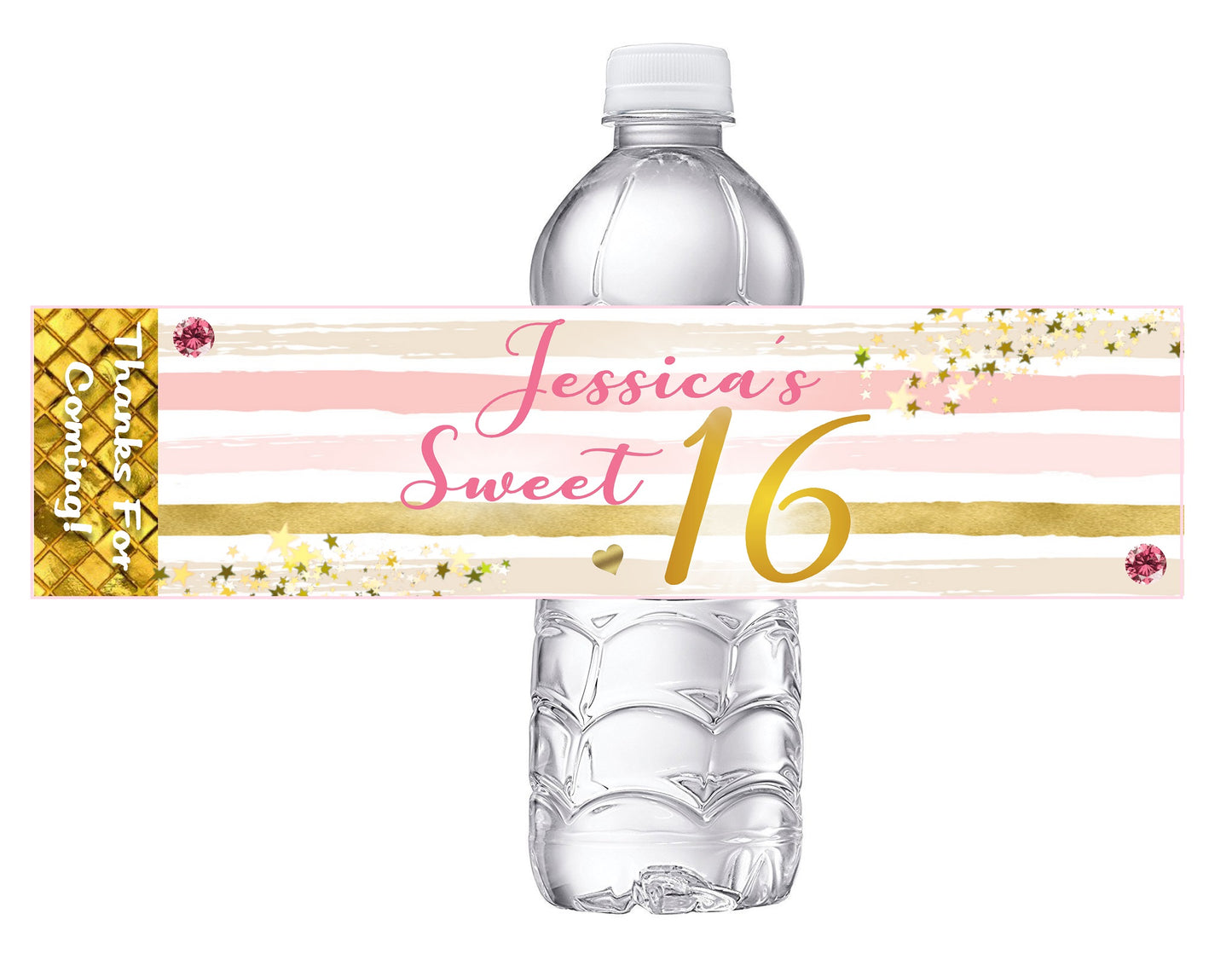 Sweet 16 Sixteen Party Favors Birthday Pink White and Gold Water Bottle Labels Wrappers Supplies Personalized Unique ideas decor