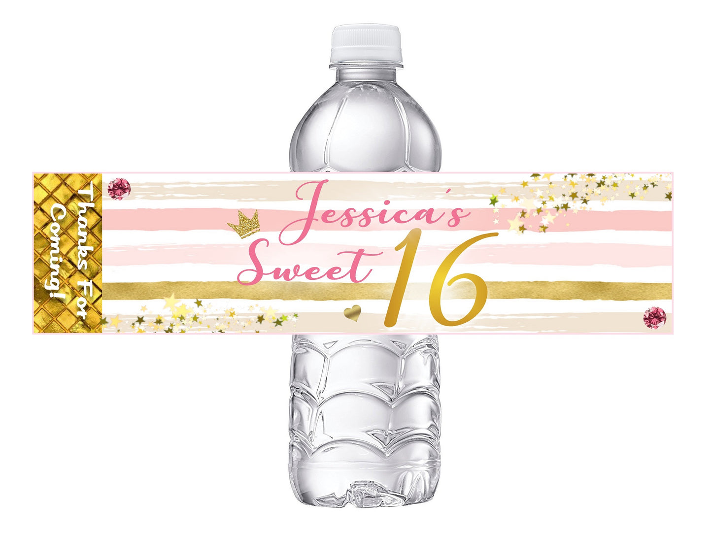 Sweet 16 Sixteen Party Favors Birthday Pink White and Gold Water Bottle Labels Wrappers Supplies Personalized Unique ideas decor