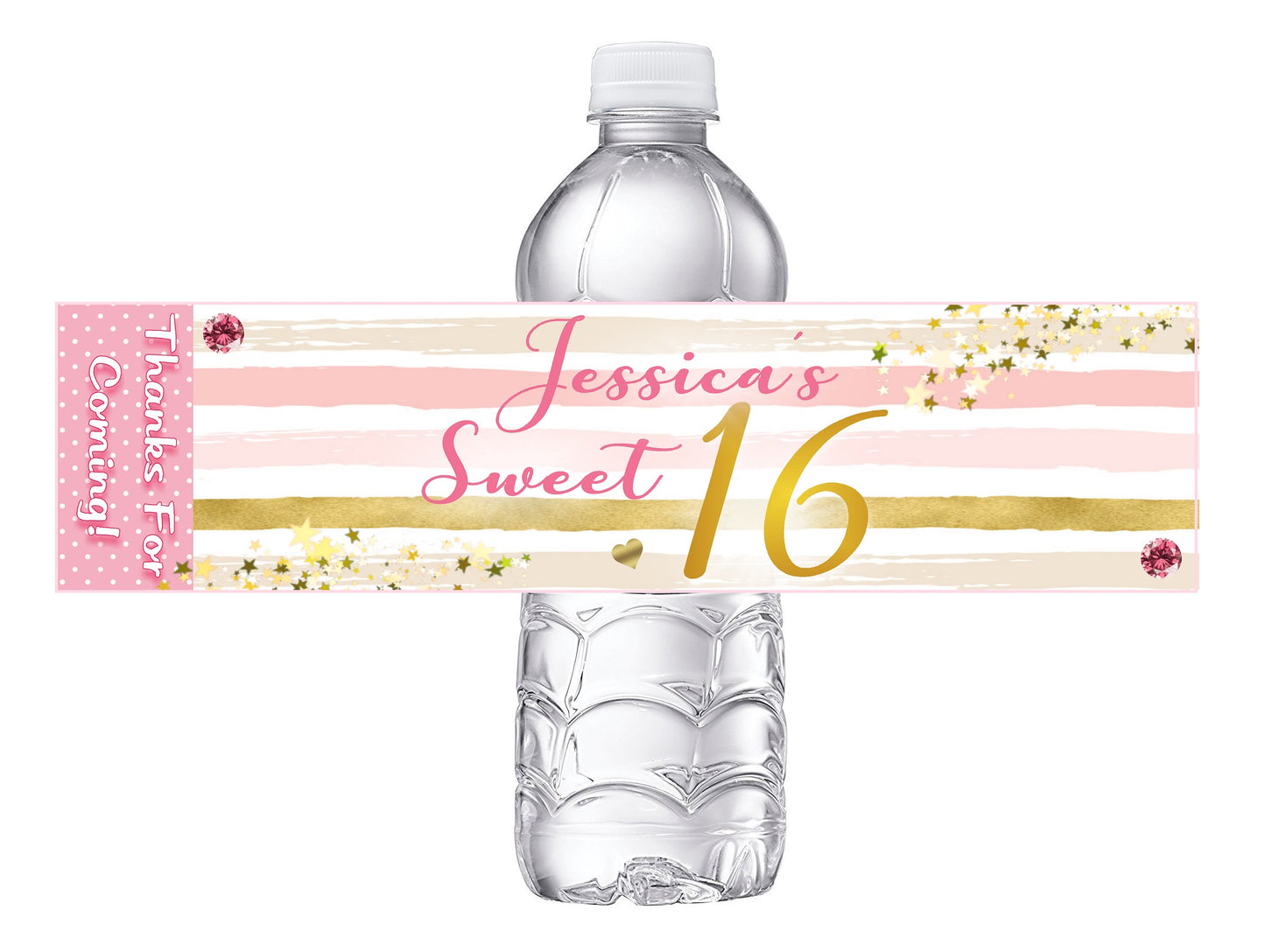 Sweet 16 Sixteen Party Favors Birthday Pink White and Gold Water Bottle Labels Wrappers Supplies Personalized Unique ideas decor