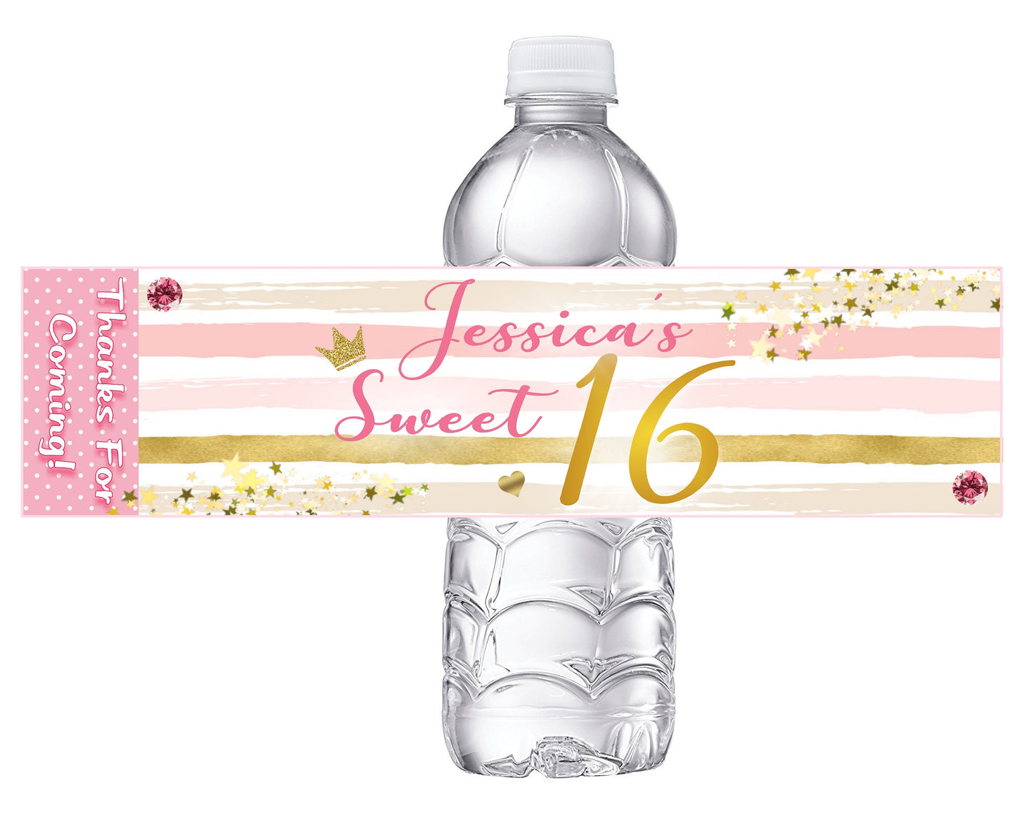 Sweet 16 Sixteen Party Favors Birthday Pink White and Gold Water Bottle Labels Wrappers Supplies Personalized Unique ideas decor