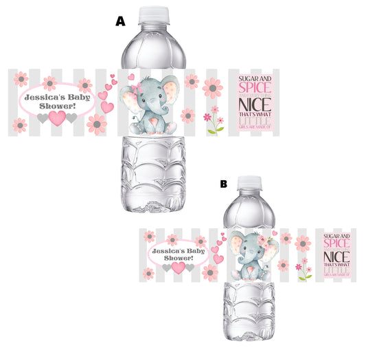 Pink White and Gray Elephants Baby Shower Party Favors Water Bottle Labels Ideas Supplies Decor