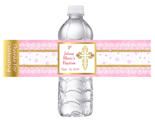 Baby Girl Pink and White Christening Baptism Party Favors Water Bottle Labels Ideas Supplies Decor