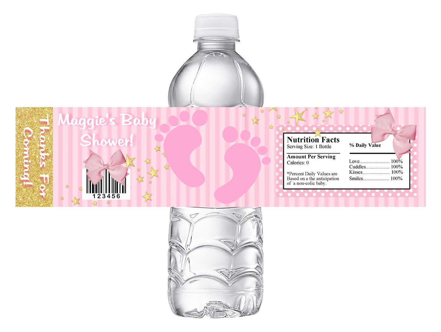 Pink White and Gold Footprints Baby Shower Party Favors Water Bottle Labels Ideas Supplies Decor