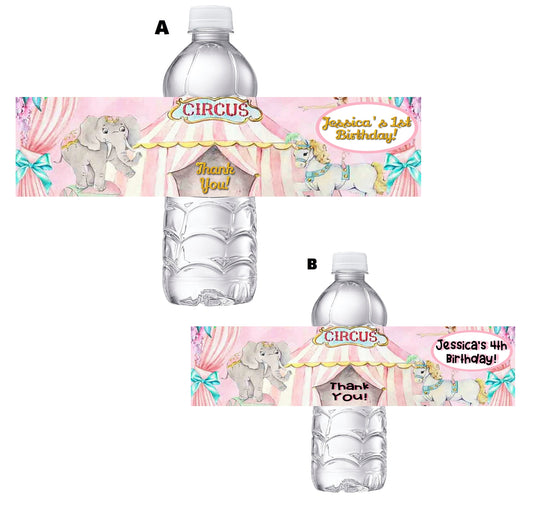 Pink White and Gold Circus Birthday Party Favors Water Bottle Labels Ideas Supplies Decor