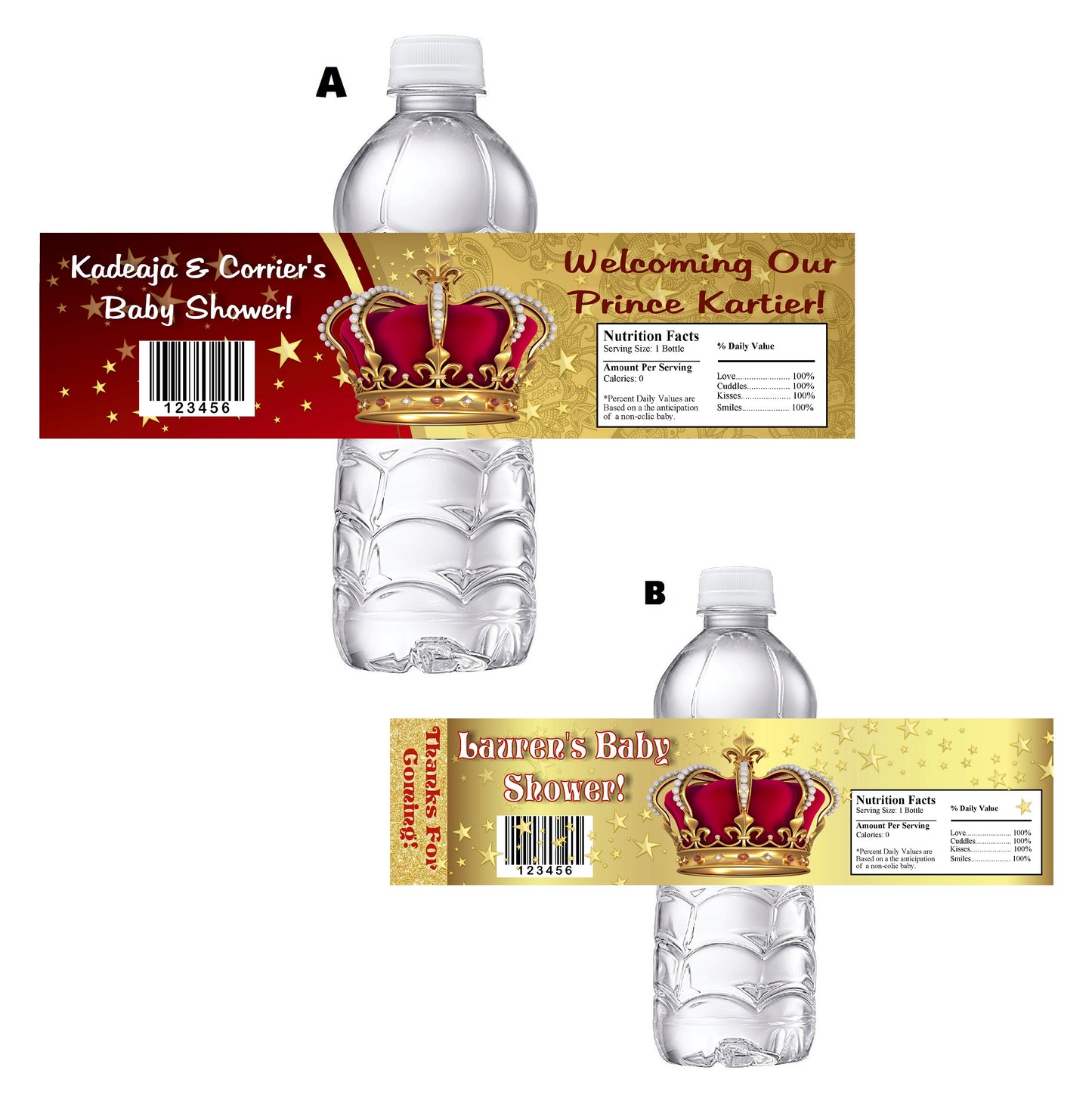 Red and Gold Prince Crown Baby Shower Party Favors Water Bottle Labels Ideas Supplies Decor