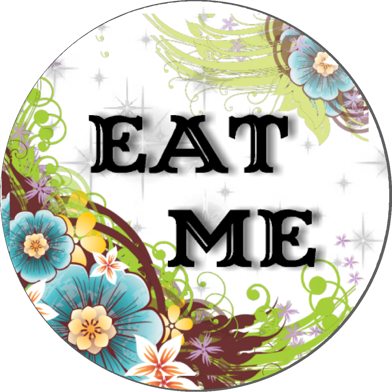 Party Favors Floral Eat Me Alice Birthday or any event Round Stickers  Supplies Labels