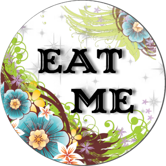 Party Favors Floral Eat Me Alice Birthday or any event Round Stickers  Supplies Labels