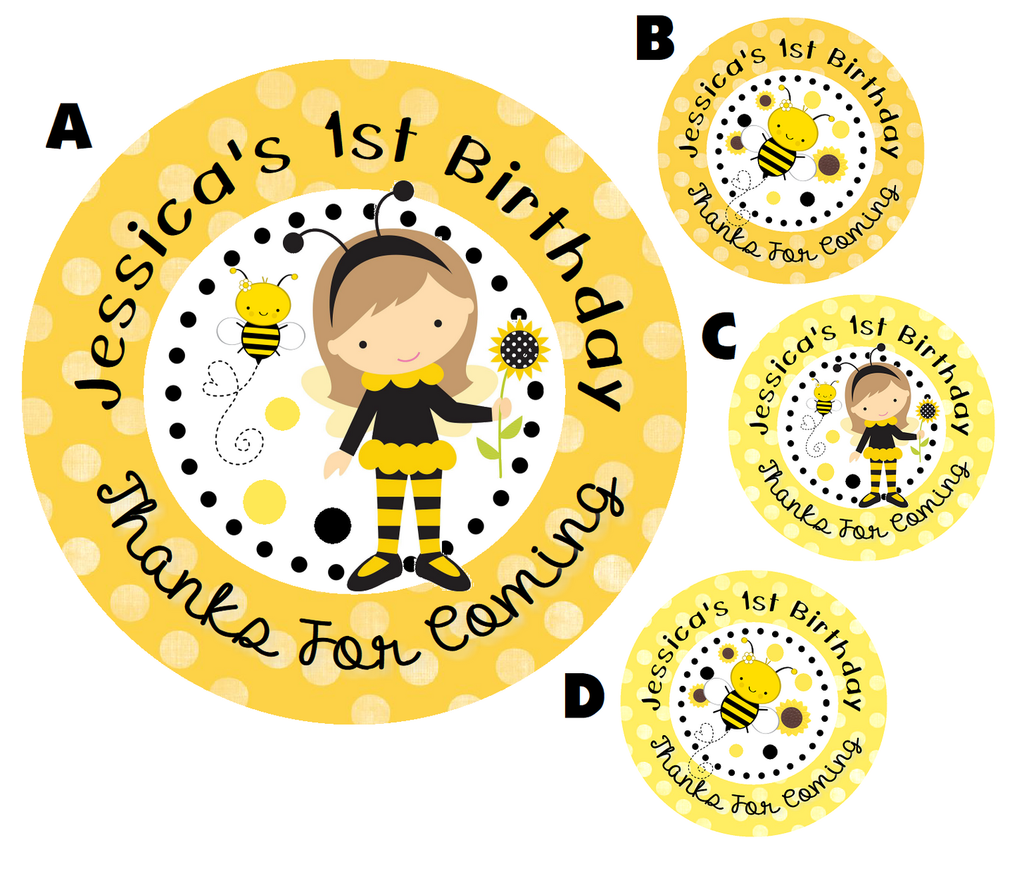 Party Favors Cute Bumble Bee Girl Yellow Black Personalized Birthday Round  Stickers  Supplies Labels