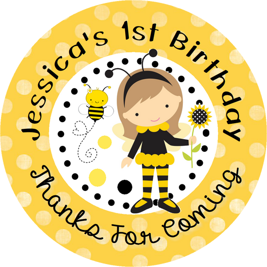 Party Favors Cute Bumble Bee Girl Yellow Black Personalized Birthday Round  Stickers  Supplies Labels