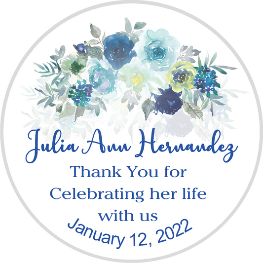 Party Favors Celebration of Life Blue Yellow and Green Flowers Floral Personalized Round  Stickers  Supplies Labels