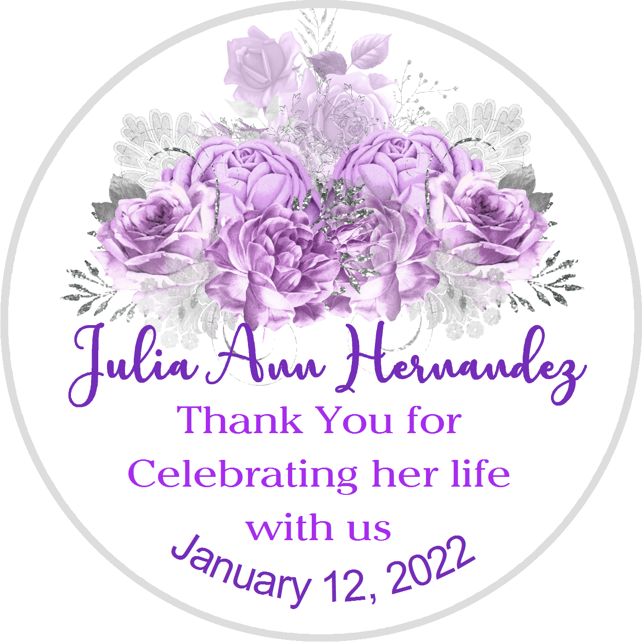 Party Favors Celebration of Life Purple Silver and White Flowers Floral Personalized Round  Stickers  Supplies Labels