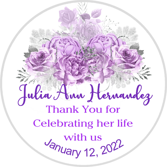 Party Favors Celebration of Life Purple Silver and White Flowers Floral Personalized Round  Stickers  Supplies Labels