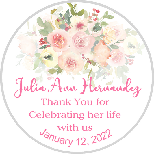 Party Favors Celebration of Life Pink Yellow Green Flowers Floral Personalized Round  Stickers  Supplies Labels