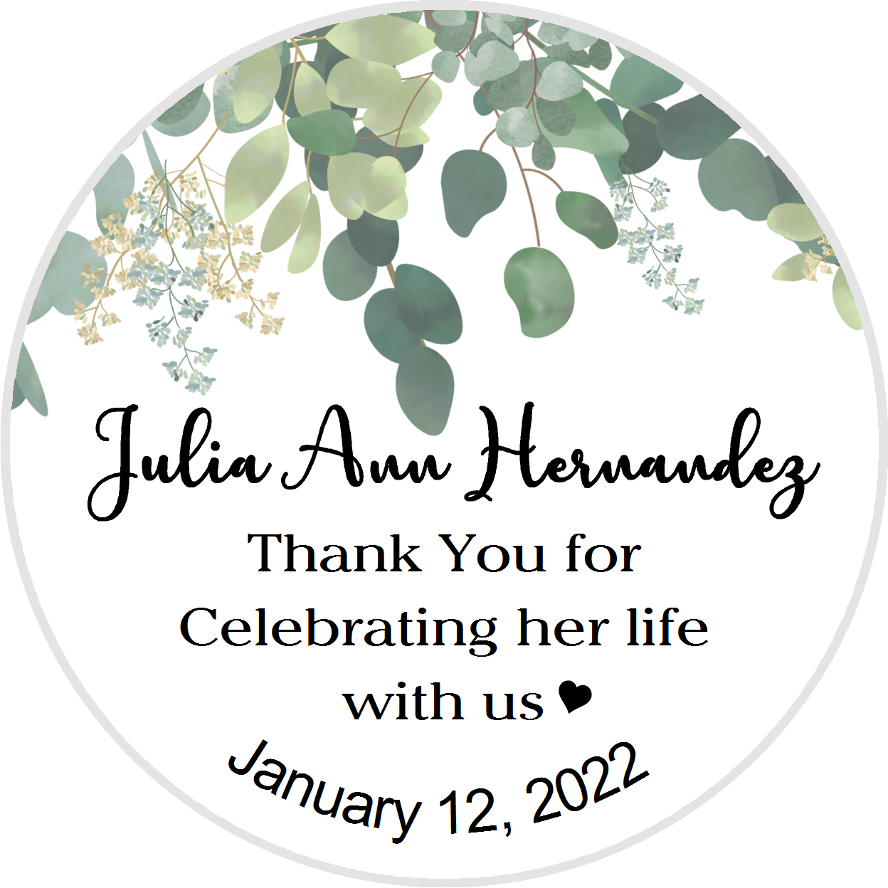 Party Favors Celebration of Life Green and White Leaves Ivy Floral Personalized Round  Stickers  Supplies Labels