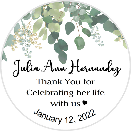 Party Favors Celebration of Life Green and White Leaves Ivy Floral Personalized Round  Stickers  Supplies Labels