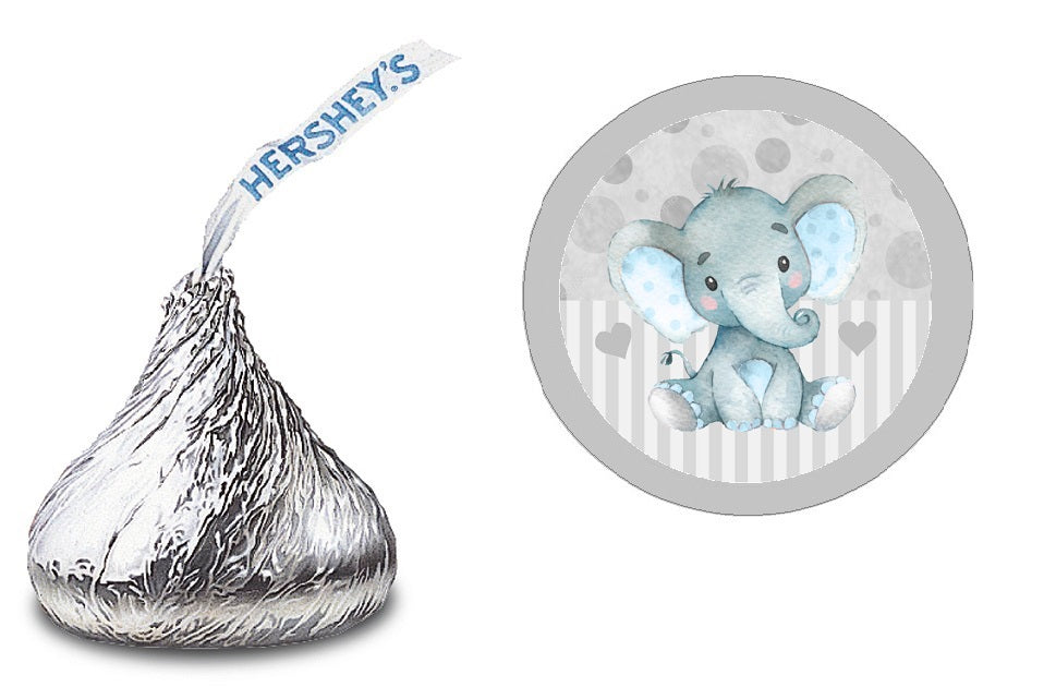 Party Favors Cute Blue Gray Boy Elephant Elephants  Hershey Chocolate Candy Kiss Labels Stickers Birthday Baby Shower Favors