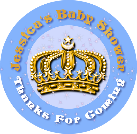 Blue White and Gold Royal Prince Crown Personalized Baby Shower Round  Stickers  Supplies Labels