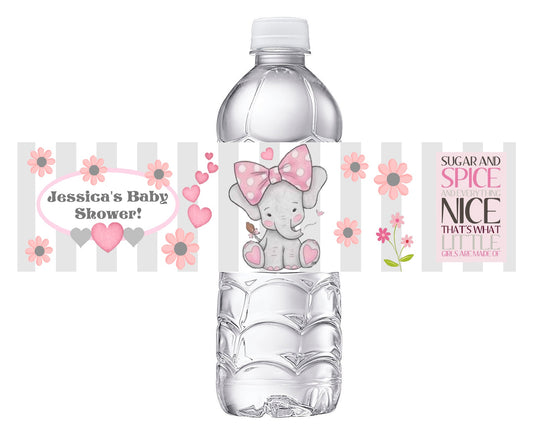 Pink White and Gray Elephants Baby Shower Party Favors Water Bottle Labels Ideas Supplies Decor