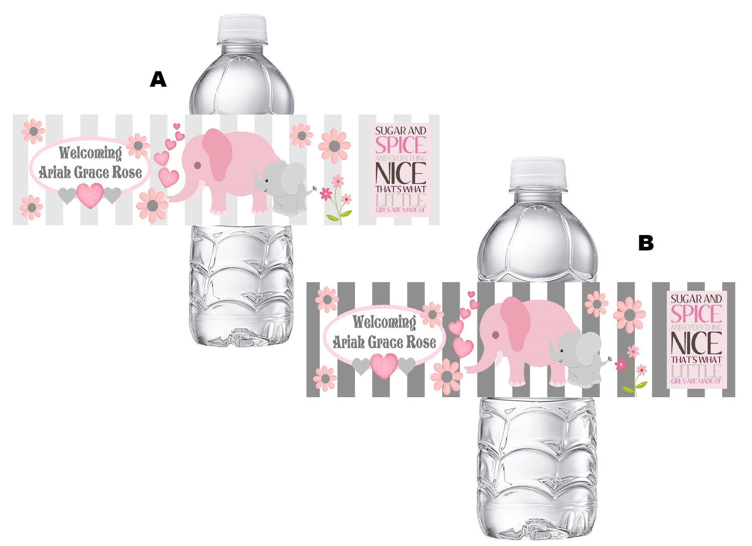 Pink White and Gray Elephants Baby Shower Party Favors Water Bottle Labels Ideas Supplies Decor