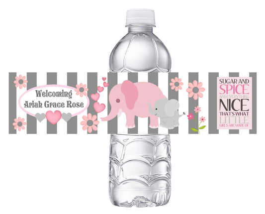 Pink White and Gray Elephants Baby Shower Party Favors Water Bottle Labels Ideas Supplies Decor