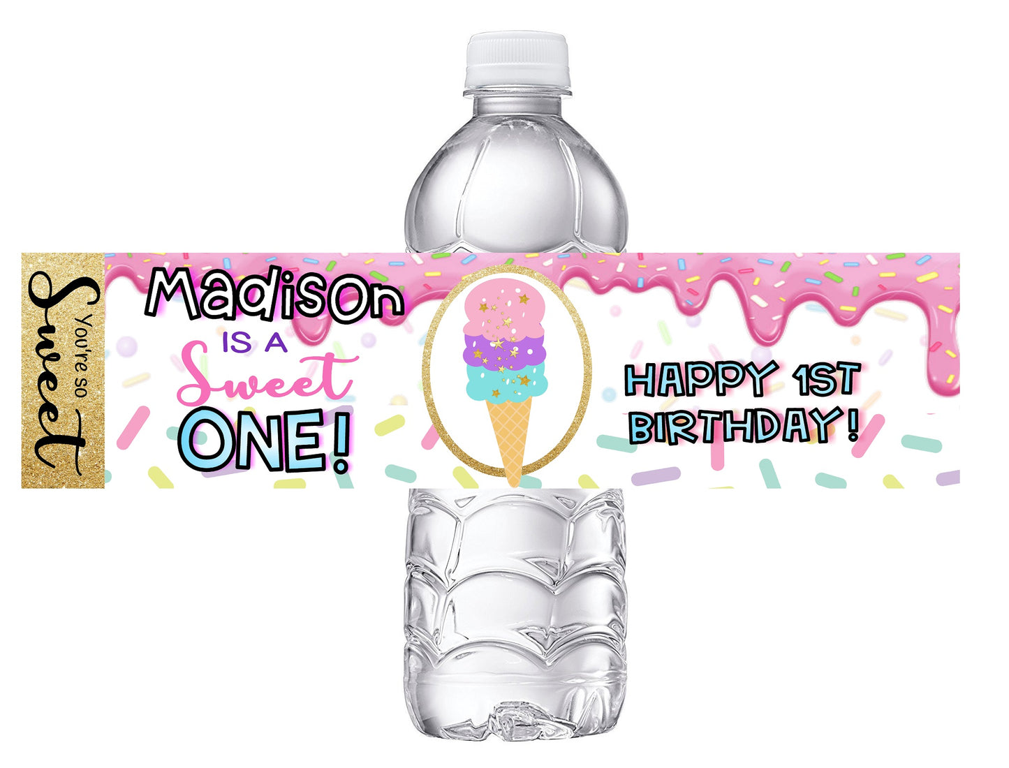 Sweet One Ice Cream Cone Birthday Party Favors Water Bottle Labels Ideas Supplies Decor