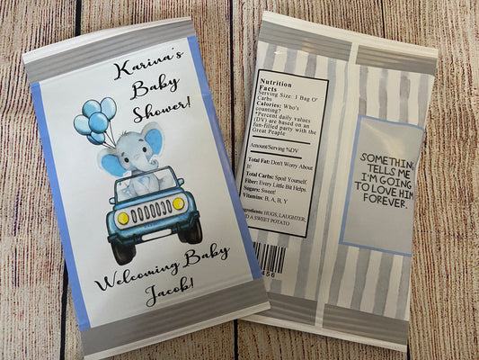 Party Favors Drive-By Through Blue Gray Elephant In Car Party Potato Chip Bags Baby Shower Favors Supplies Personalized