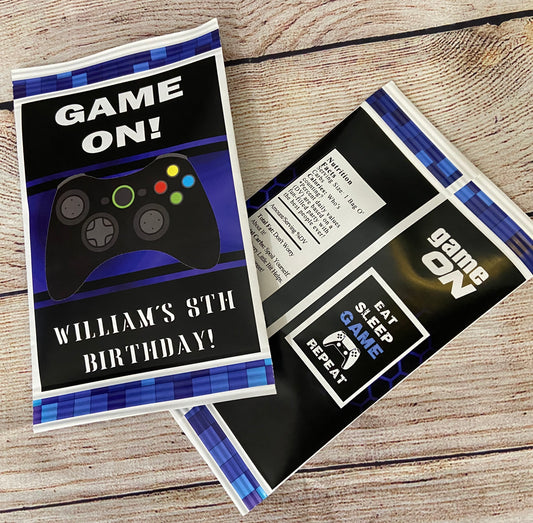 Party Favors Blue And Black Video Game On Potato Chip Bags Birthday  Wrappers Controller Personalized Supplies