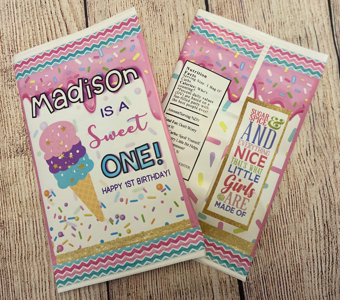 Party Favors Ice Cream Scoops "Sweet One" Potato Chip Bags Birthday  Personalized Wrappers Supplies