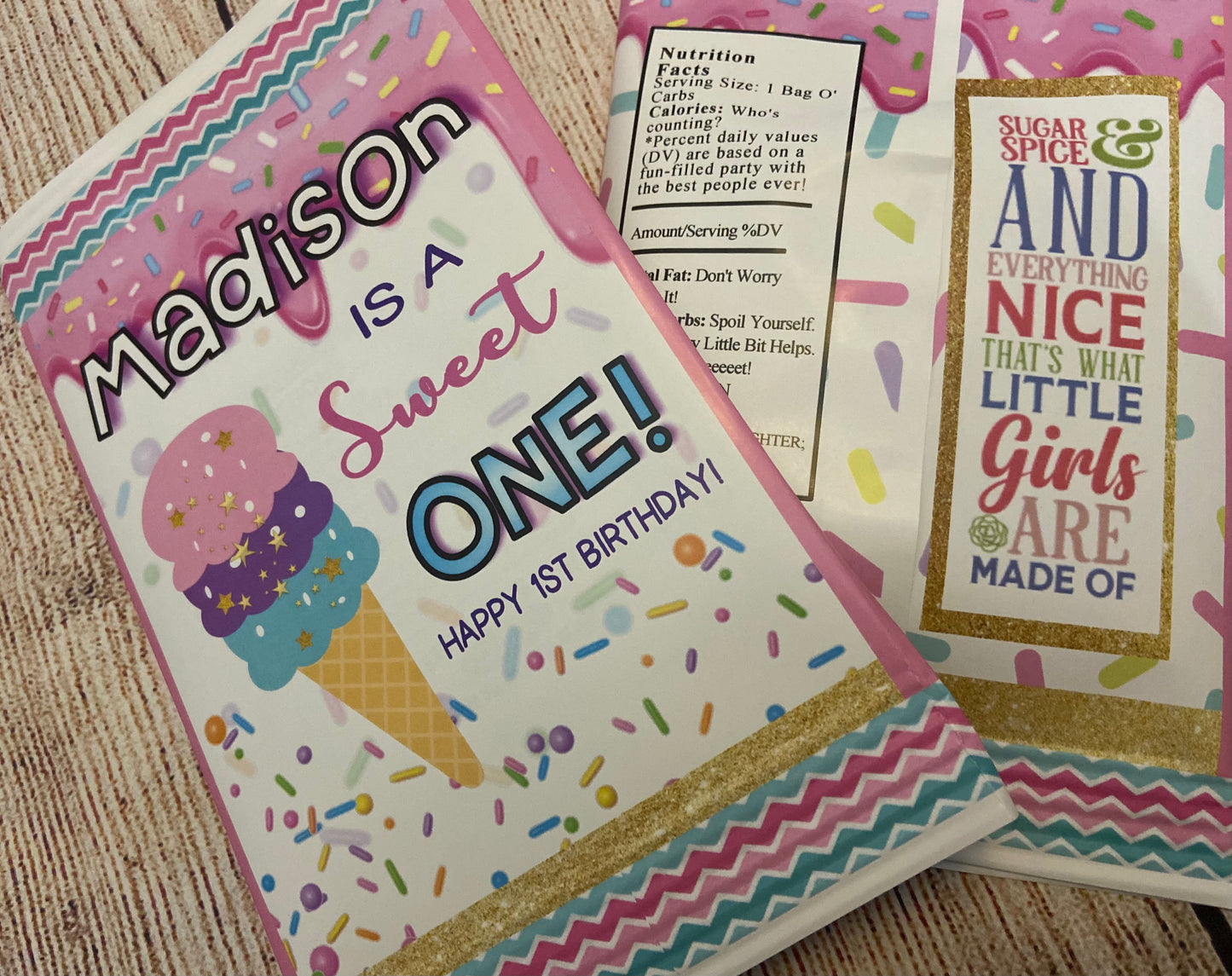 Party Favors Ice Cream Scoops "Sweet One" Potato Chip Bags Birthday  Personalized Wrappers Supplies