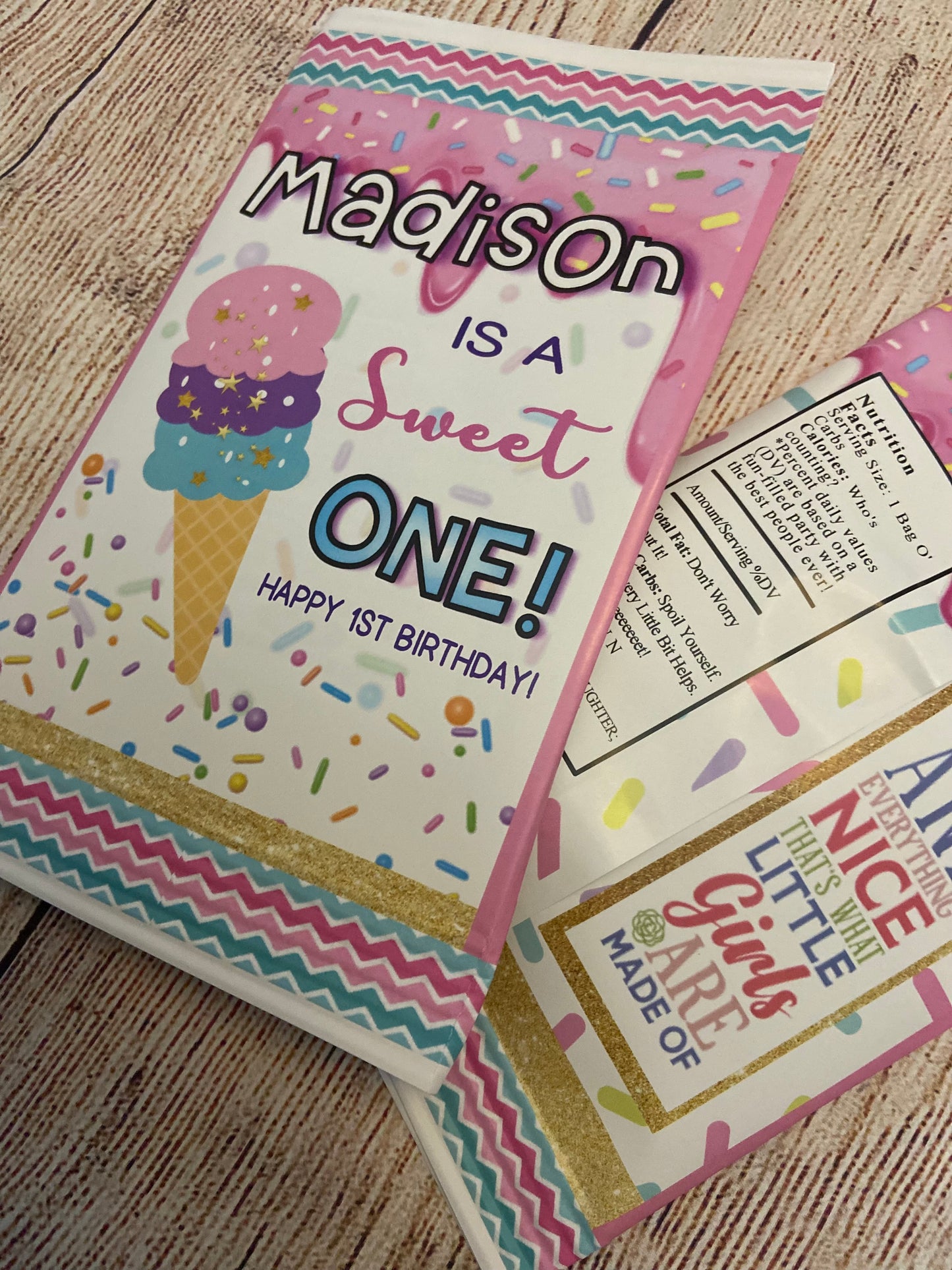 Party Favors Ice Cream Scoops "Sweet One" Potato Chip Bags Birthday  Personalized Wrappers Supplies