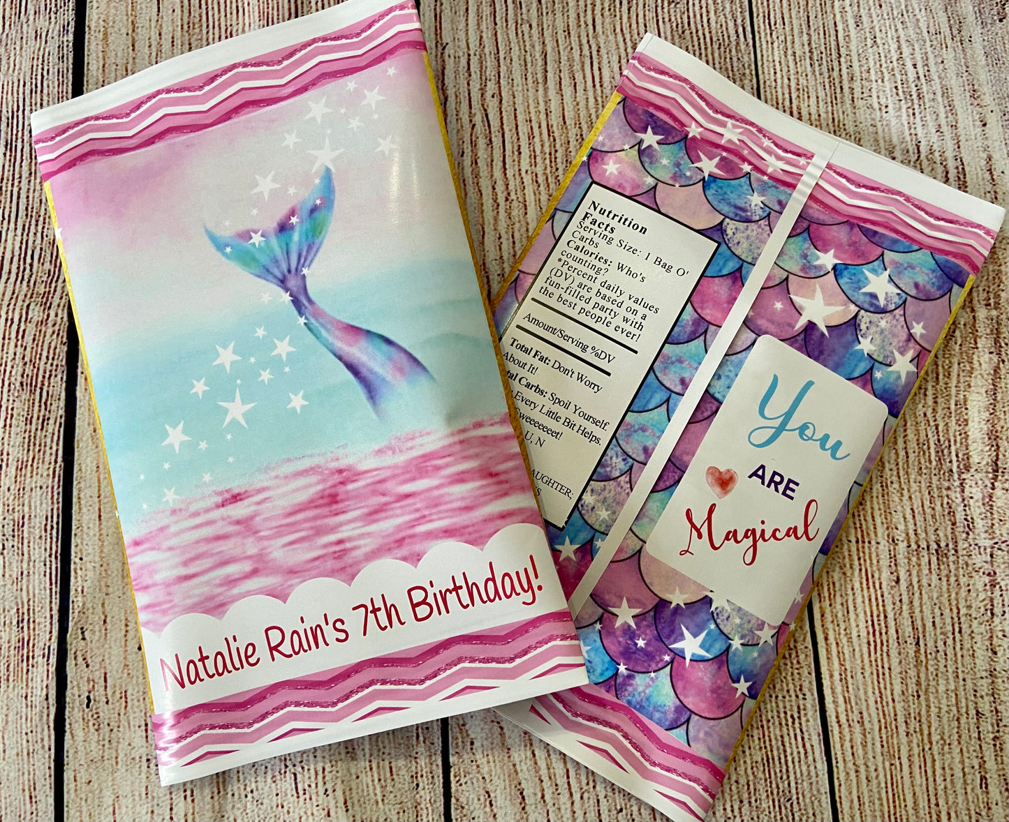 Party Favors Mermaid Fin Tail Potato Chip Bags Birthday  Wrappers Supplies Personalized Purple, Teal, Aqua, Pink