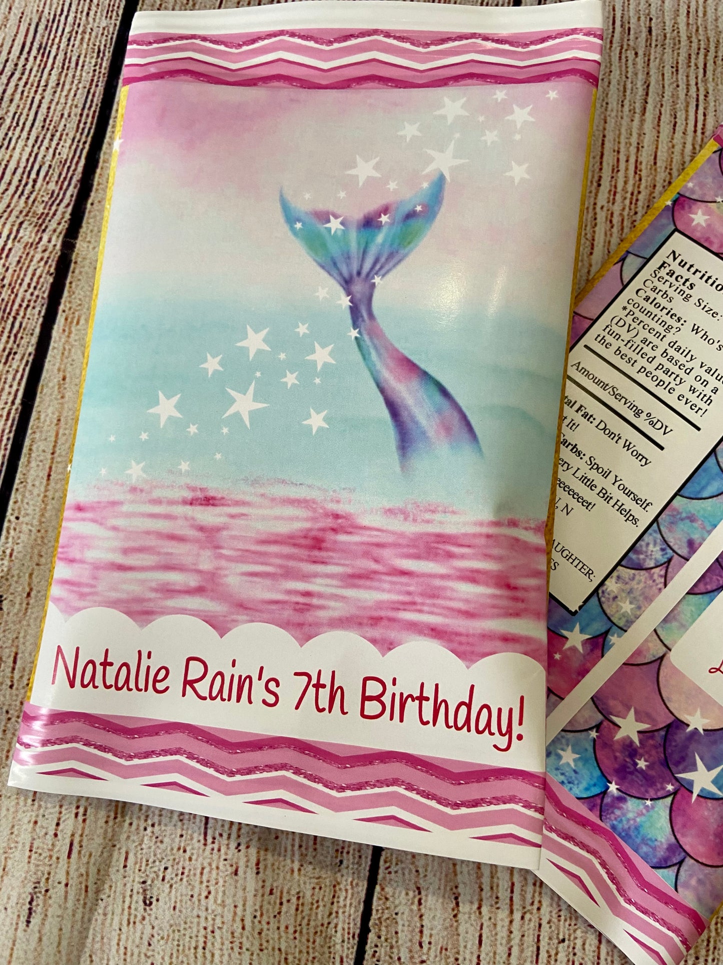 Party Favors Mermaid Fin Tail Potato Chip Bags Birthday  Wrappers Supplies Personalized Purple, Teal, Aqua, Pink