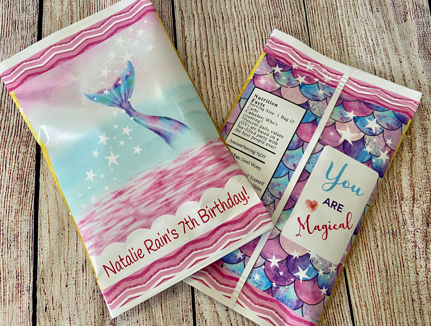 Party Favors Mermaid Fin Tail Potato Chip Bags Birthday  Wrappers Supplies Personalized Purple, Teal, Aqua, Pink