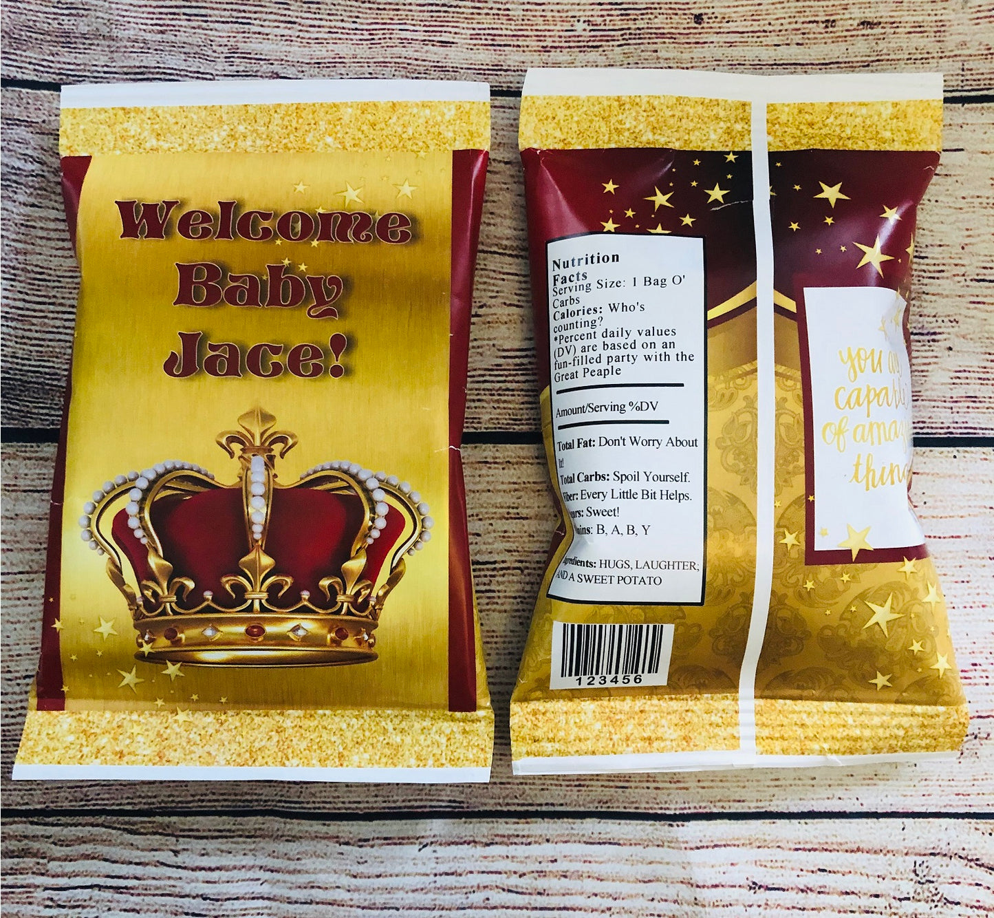 Party Favors Burgundy Gold Prince Crown Potato Chip Bags Favors Wrappers Baby Shower Red Personalized Supplies