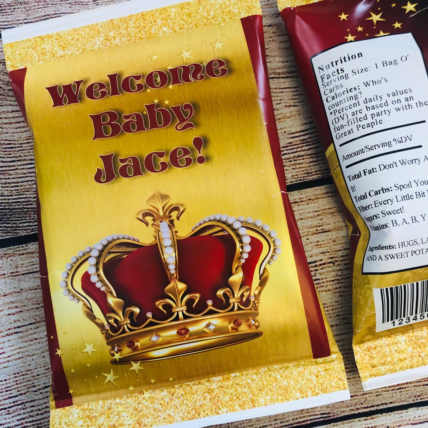 Party Favors Burgundy Gold Prince Crown Potato Chip Bags Favors Wrappers Baby Shower Red Personalized Supplies