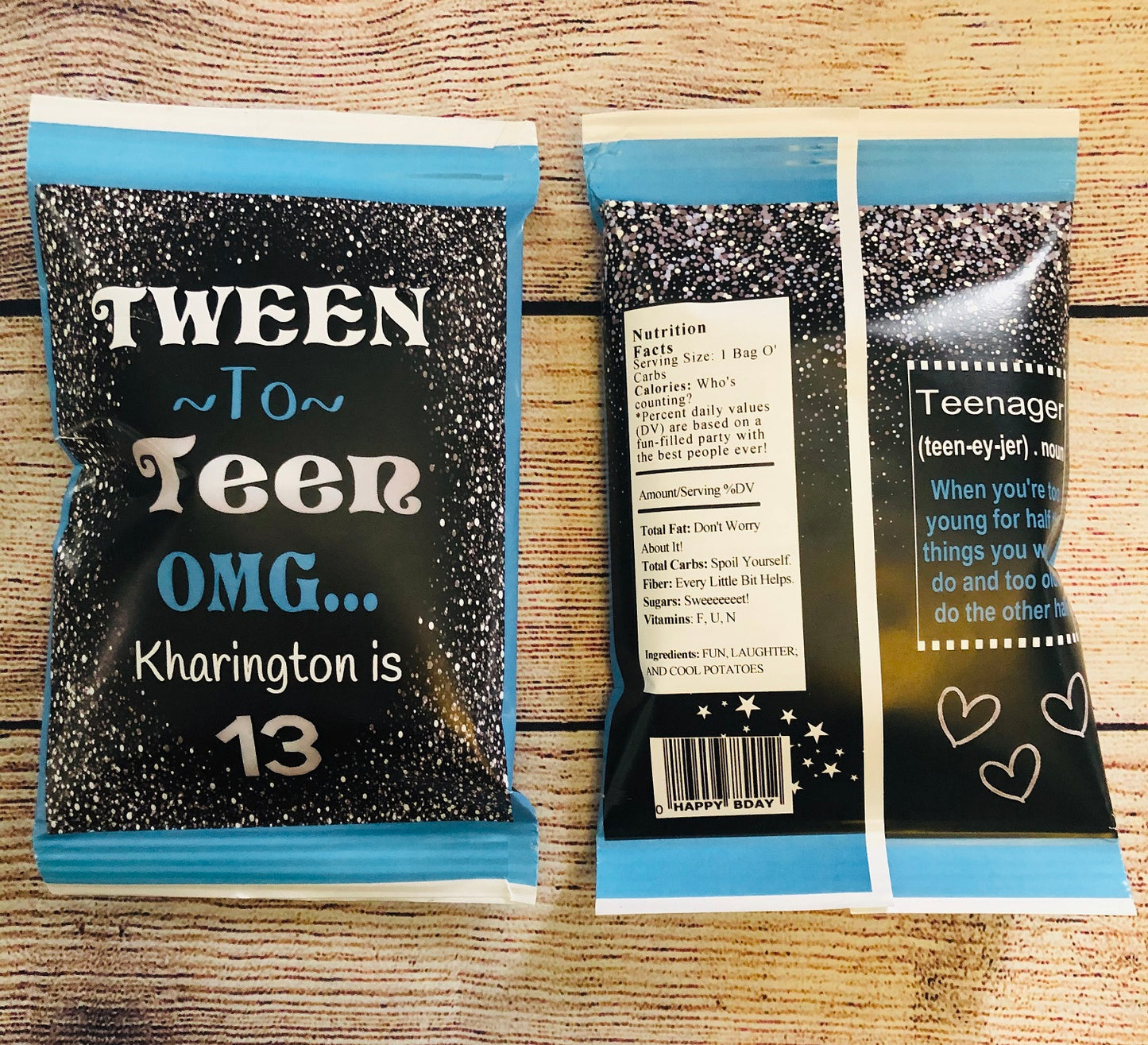 Party Favors Tween To Teen Blue Black Potato Chip Bags Birthday  Wrappers Personalized Supplies