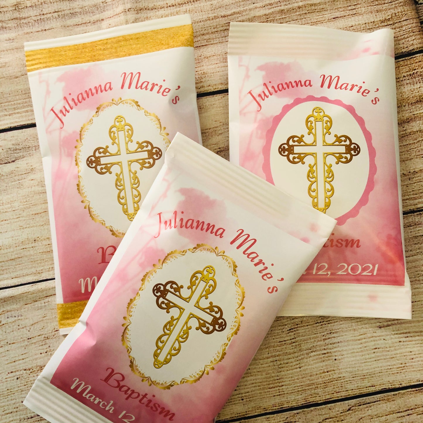 Party Favors Pink White and Gold Baptism Girl's Christening Potato Chip Bags   Personalized Supplies