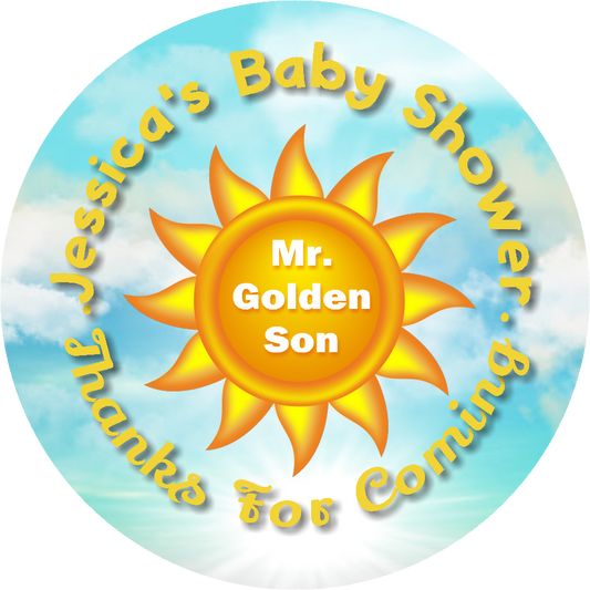 My Golden Sun Son Party Favors Personalized Baby Shower Round Stickers Supplies Labels ideas