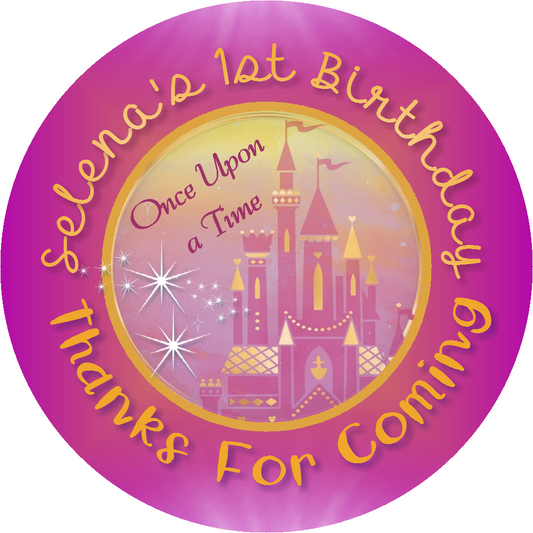 Party Favors Princess Once Upon a Time Castle Purple Pink Gold Personalized Birthday Round  Stickers  Supplies Labels