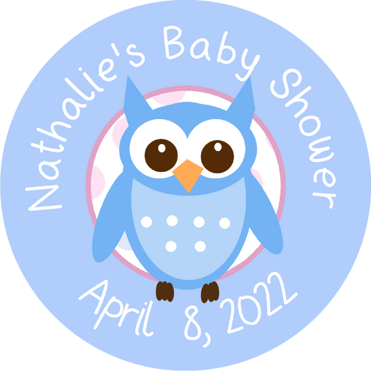 Pink or Blue Owl Owls Personalized Baby Shower Round  Stickers  Supplies Labels