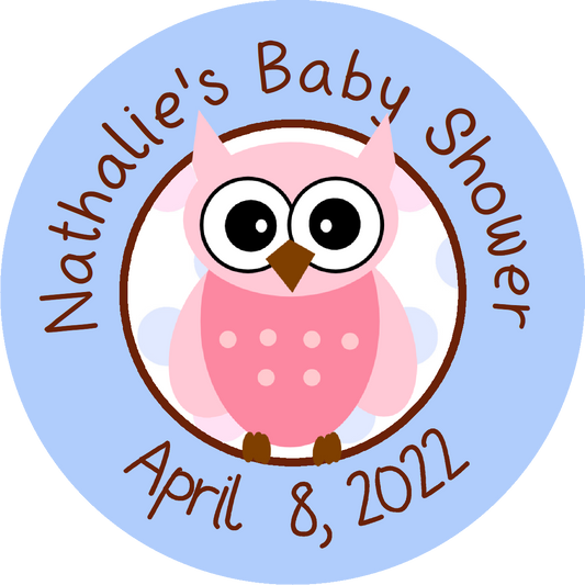 Pink or Blue Owl Owls Personalized Baby Shower Round  Stickers  Supplies Labels