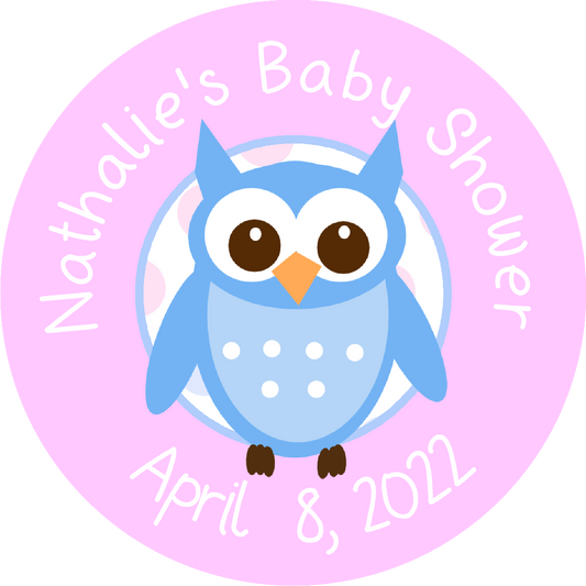 Pink or Blue Owl Owls Personalized Baby Shower Round  Stickers  Supplies Labels