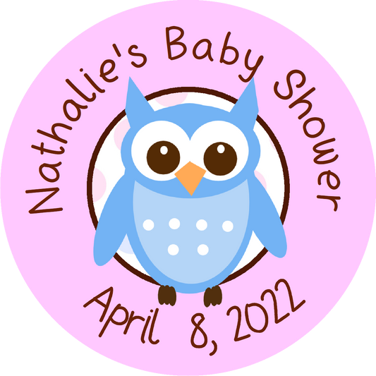 Pink or Blue Owl Owls Personalized Baby Shower Round  Stickers  Supplies Labels