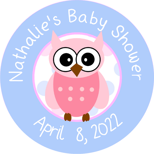 Pink or Blue Owl Owls Personalized Baby Shower Round  Stickers  Supplies Labels