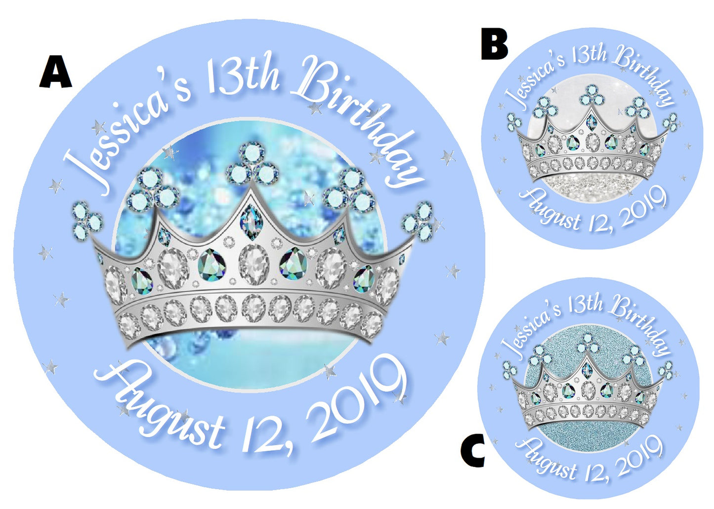 Party Favors Light Blue & Silver Princess Crown Tiara Personalized Birthday Round  Stickers  Supplies Labels