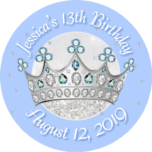 Party Favors Light Blue & Silver Princess Crown Tiara Personalized Birthday Round  Stickers  Supplies Labels